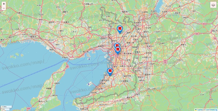 大阪府のカラオケ館の店舗地図