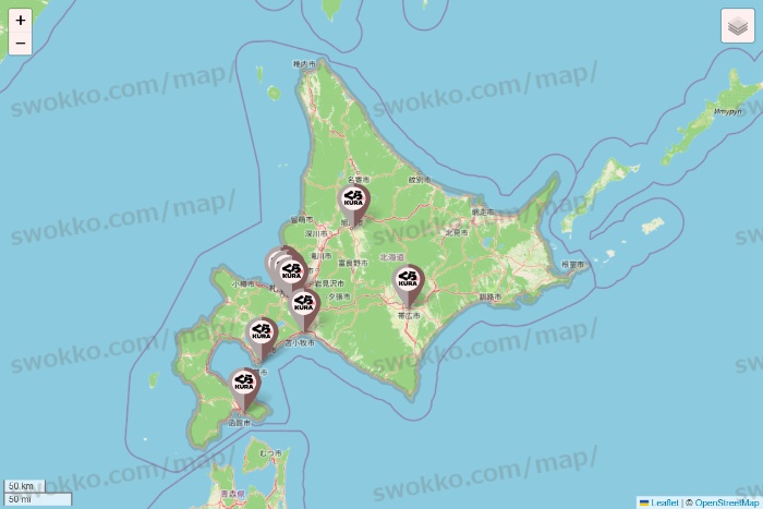 北海道のくら寿司の店舗地図