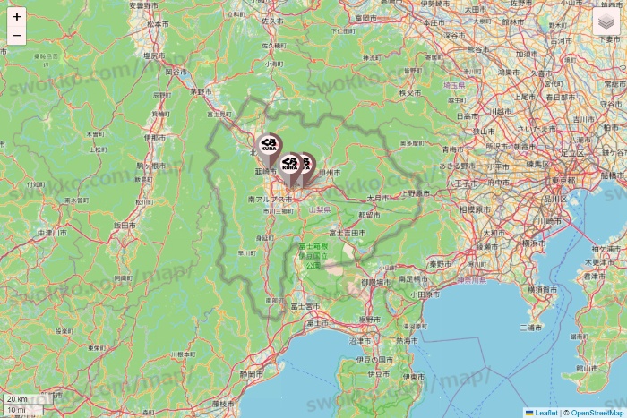 山梨県のくら寿司の店舗地図