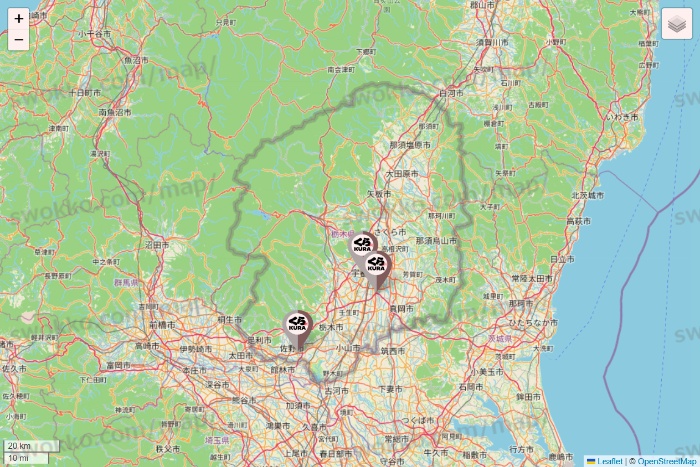 栃木県のくら寿司の店舗地図