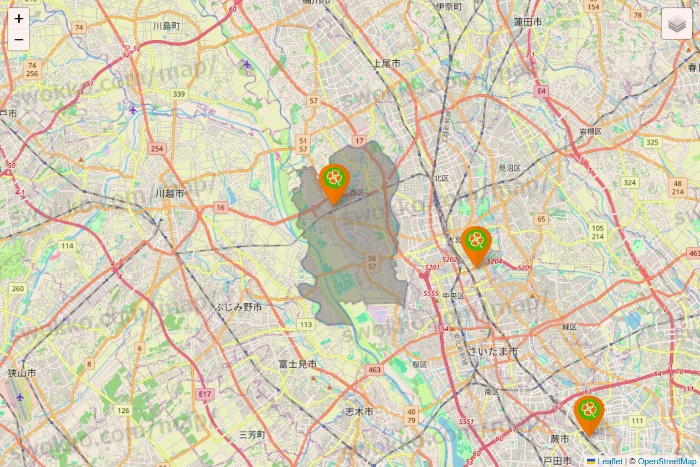 埼玉県のライフ（ビオラル、セントラルスクエア、Miniel）の店舗地図