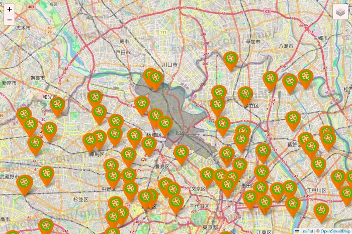 東京都のライフ（ビオラル、セントラルスクエア、Miniel）の店舗地図