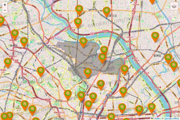 東京都のライフ（ビオラル、セントラルスクエア、Miniel）の店舗地図