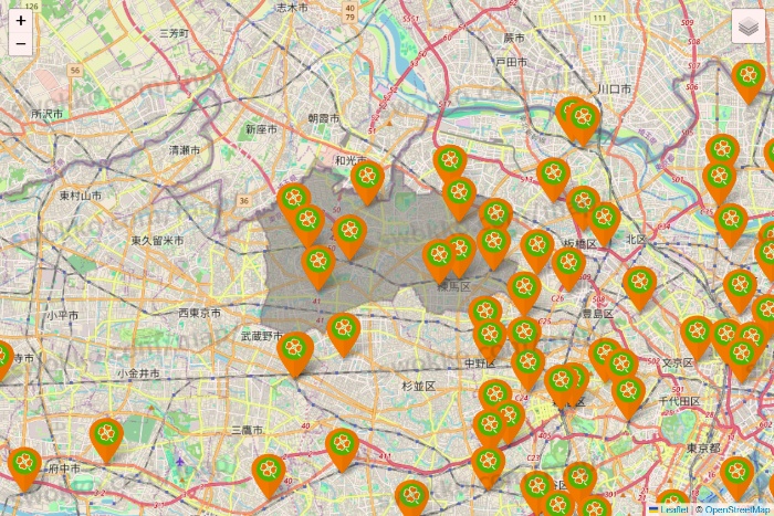東京都のライフ（ビオラル、セントラルスクエア、Miniel）の店舗地図