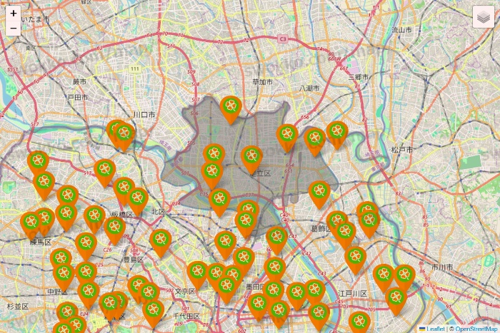 東京都のライフ（ビオラル、セントラルスクエア、Miniel）の店舗地図