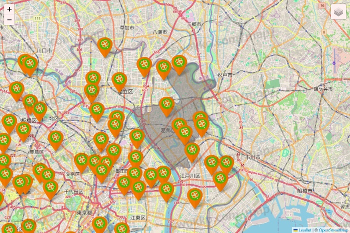 東京都のライフ（ビオラル、セントラルスクエア、Miniel）の店舗地図