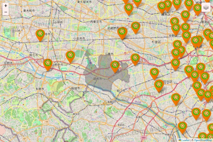 東京都のライフ（ビオラル、セントラルスクエア、Miniel）の店舗地図