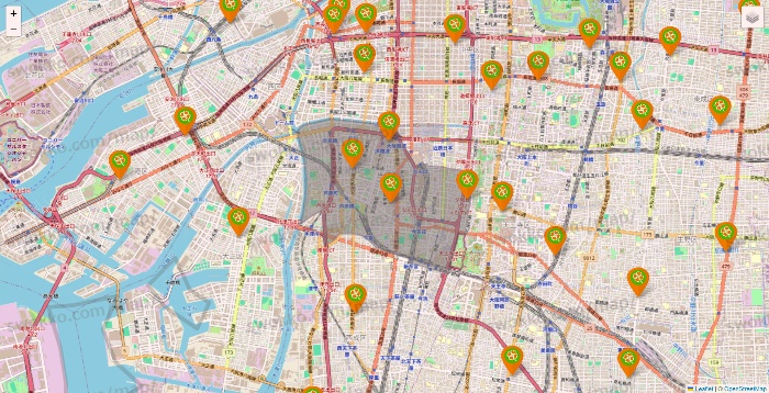 大阪府のライフ（ビオラル、セントラルスクエア、Miniel）の店舗地図