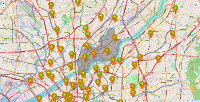 大阪府のライフ（ビオラル、セントラルスクエア、Miniel）の店舗地図