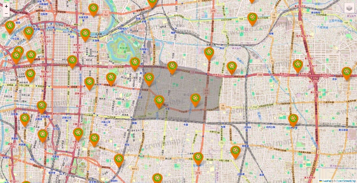 大阪府のライフ（ビオラル、セントラルスクエア、Miniel）の店舗地図