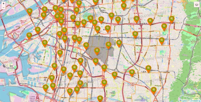 大阪府のライフ（ビオラル、セントラルスクエア、Miniel）の店舗地図