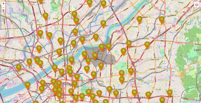 大阪府のライフ（ビオラル、セントラルスクエア、Miniel）の店舗地図