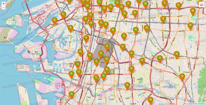 大阪府のライフ（ビオラル、セントラルスクエア、Miniel）の店舗地図