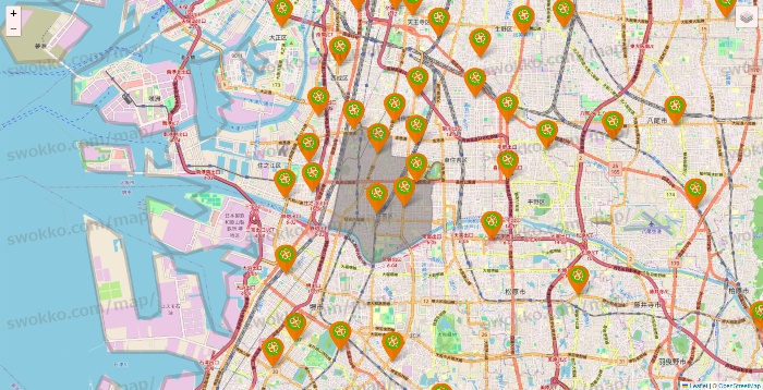 大阪府のライフ（ビオラル、セントラルスクエア、Miniel）の店舗地図