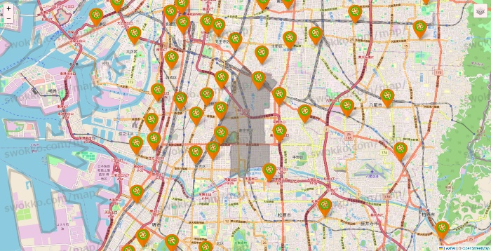 大阪府のライフ（ビオラル、セントラルスクエア、Miniel）の店舗地図