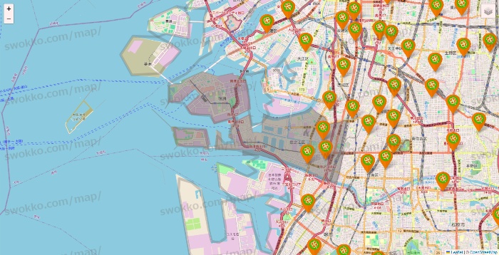 大阪府のライフ（ビオラル、セントラルスクエア、Miniel）の店舗地図