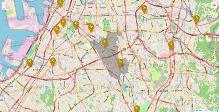 大阪府のライフ（ビオラル、セントラルスクエア、Miniel）の店舗地図