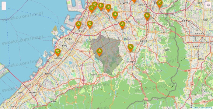 大阪府のライフ（ビオラル、セントラルスクエア、Miniel）の店舗地図