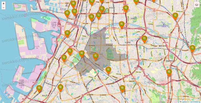 大阪府のライフ（ビオラル、セントラルスクエア、Miniel）の店舗地図
