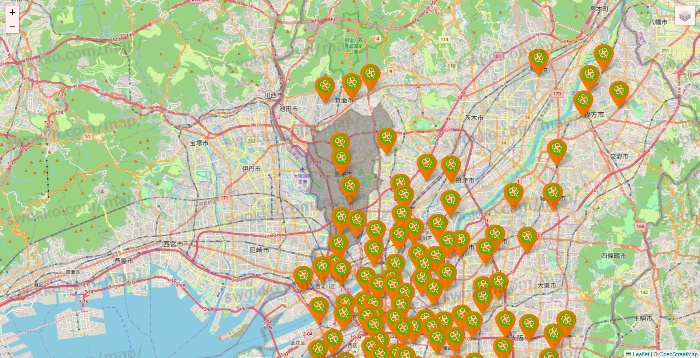 大阪府のライフ（ビオラル、セントラルスクエア、Miniel）の店舗地図