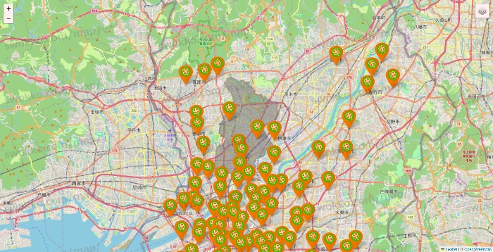 大阪府のライフ（ビオラル、セントラルスクエア、Miniel）の店舗地図