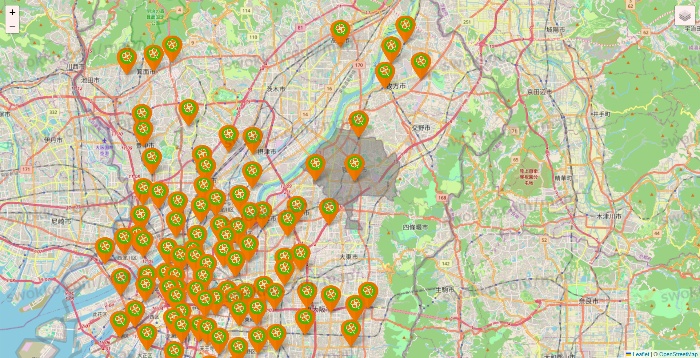 大阪府のライフ（ビオラル、セントラルスクエア、Miniel）の店舗地図