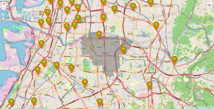 大阪府のライフ（ビオラル、セントラルスクエア、Miniel）の店舗地図
