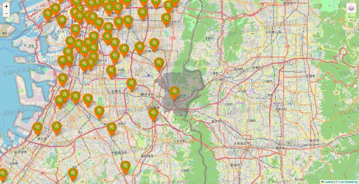 大阪府のライフ（ビオラル、セントラルスクエア、Miniel）の店舗地図