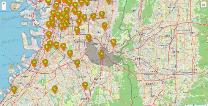 大阪府のライフ（ビオラル、セントラルスクエア、Miniel）の店舗地図