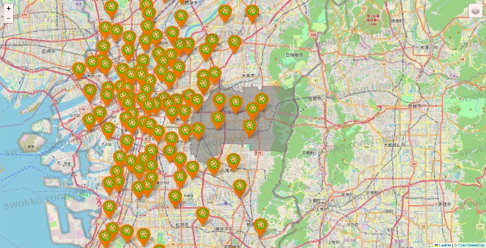 大阪府のライフ（ビオラル、セントラルスクエア、Miniel）の店舗地図