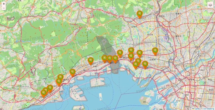 兵庫県のライフ（ビオラル、セントラルスクエア、Miniel）の店舗地図