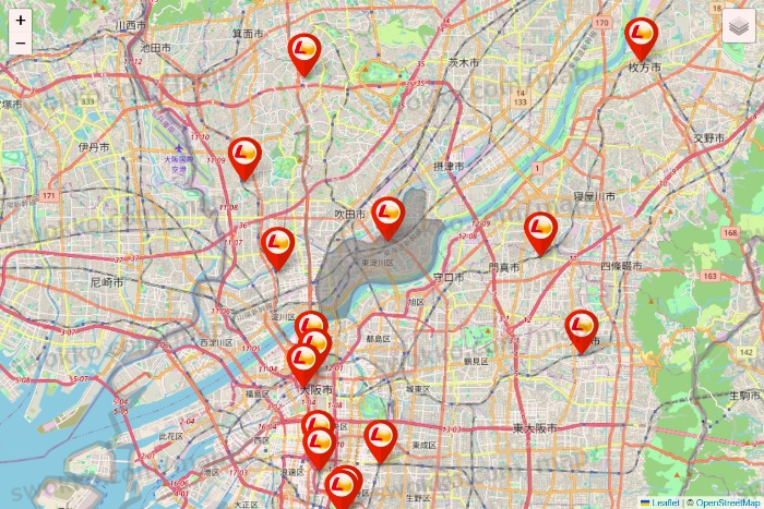 大阪府のゼッテリアの店舗地図