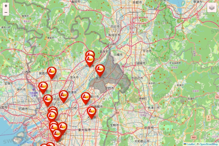 大阪府のゼッテリアの店舗地図