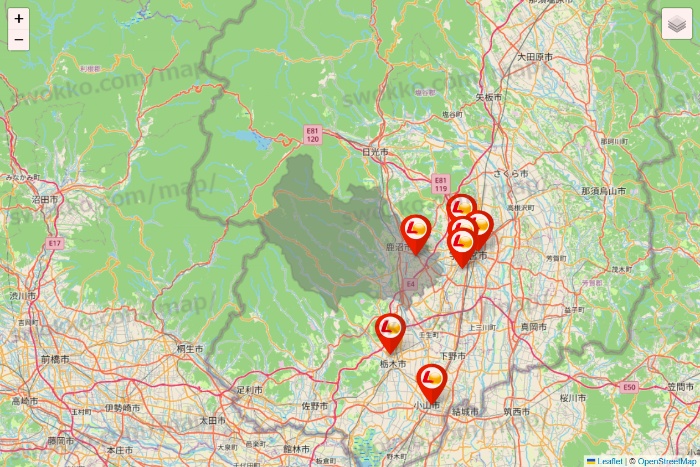 栃木県のゼッテリアの店舗地図