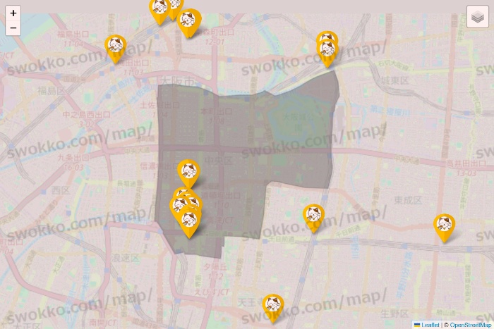 大阪府のまねきねこの店舗地図