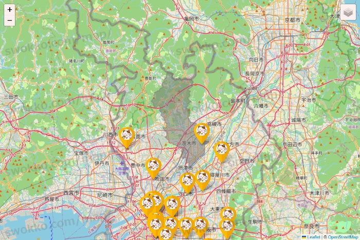 大阪府のまねきねこの店舗地図