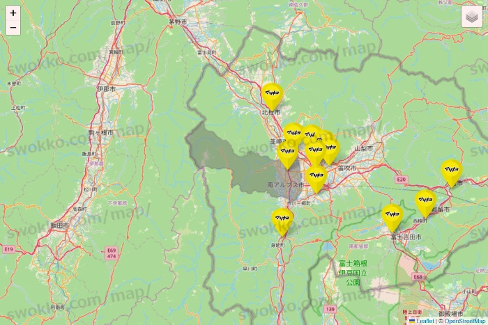 山梨県のマツモトキヨシの店舗地図