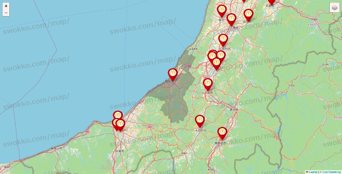 新潟県のマクドナルドの店舗地図