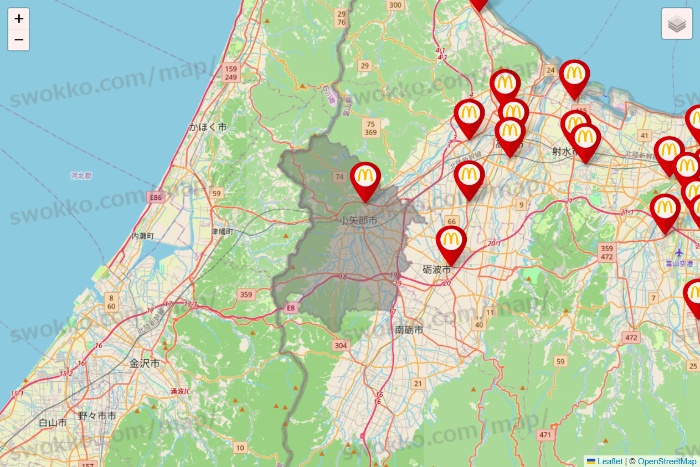 富山県のマクドナルドの店舗地図
