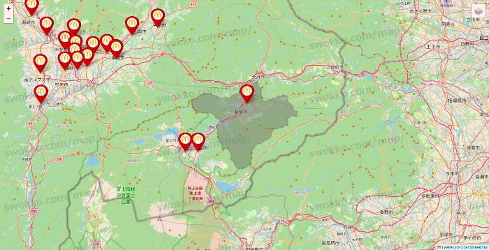 山梨県のマクドナルドの店舗地図