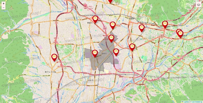 山梨県のマクドナルドの店舗地図