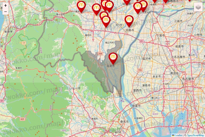 岐阜県のマクドナルドの店舗地図