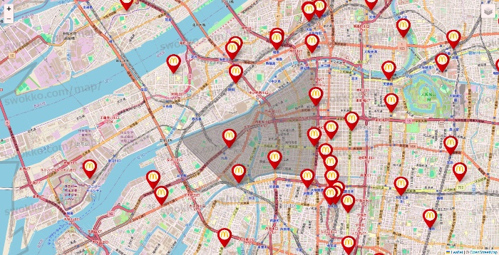 大阪府のマクドナルドの店舗地図