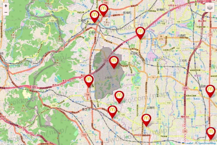 奈良県のマクドナルドの店舗地図