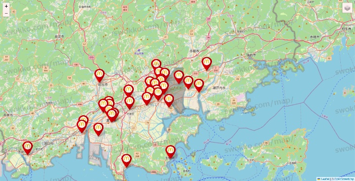 岡山県のマクドナルドの店舗地図