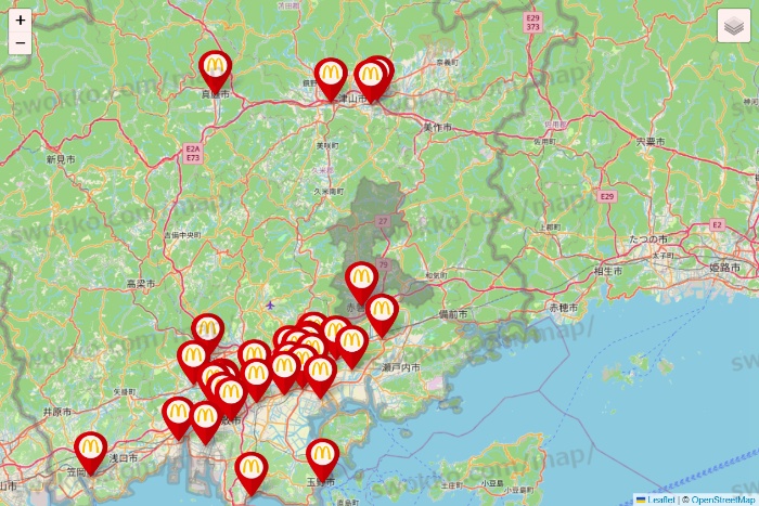 岡山県のマクドナルドの店舗地図
