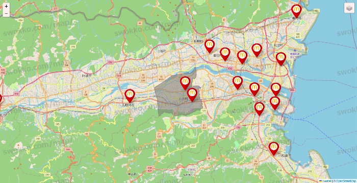 徳島県のマクドナルドの店舗地図