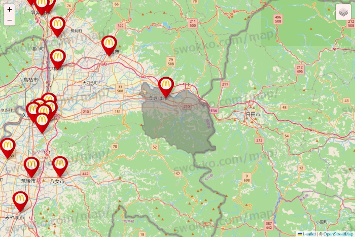 福岡県のマクドナルドの店舗地図