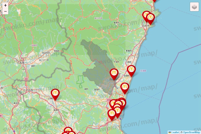 宮崎県のマクドナルドの店舗地図