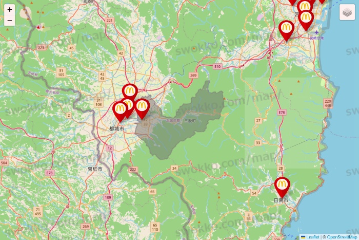 宮崎県のマクドナルドの店舗地図